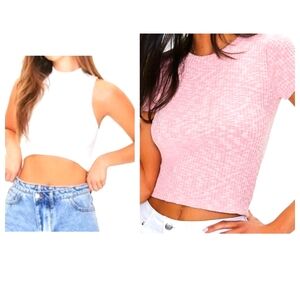 FOUR Junior Size Large, Black, Pink and White Knit Crew Shortsleeve and Tops